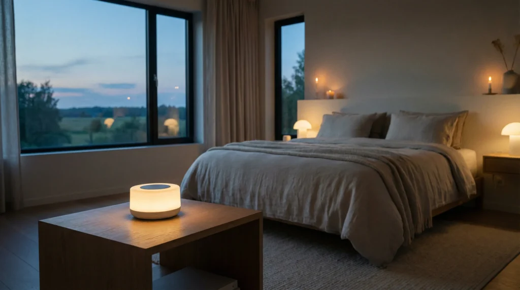 A calming bedroom scene featuring one of the best white noise machines for light sleepers on a nightstand, ready to help with sleep before the time change.