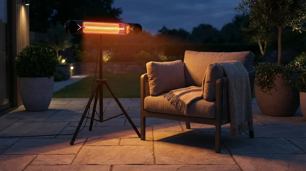 The versatile Briza Infrared Patio Heater on its tripod stand, providing instant warmth to an outdoor seating area.