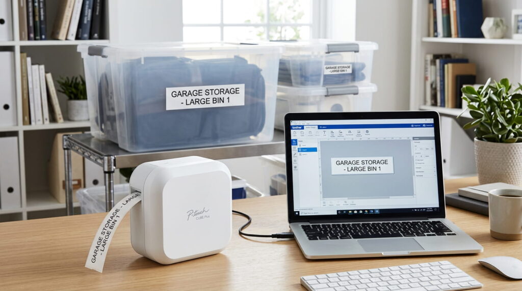 The professional Brother P-touch CUBE Plus label maker in a home office, demonstrating its ability to print wide, durable labels suitable for large storage bins and pro-level organization.