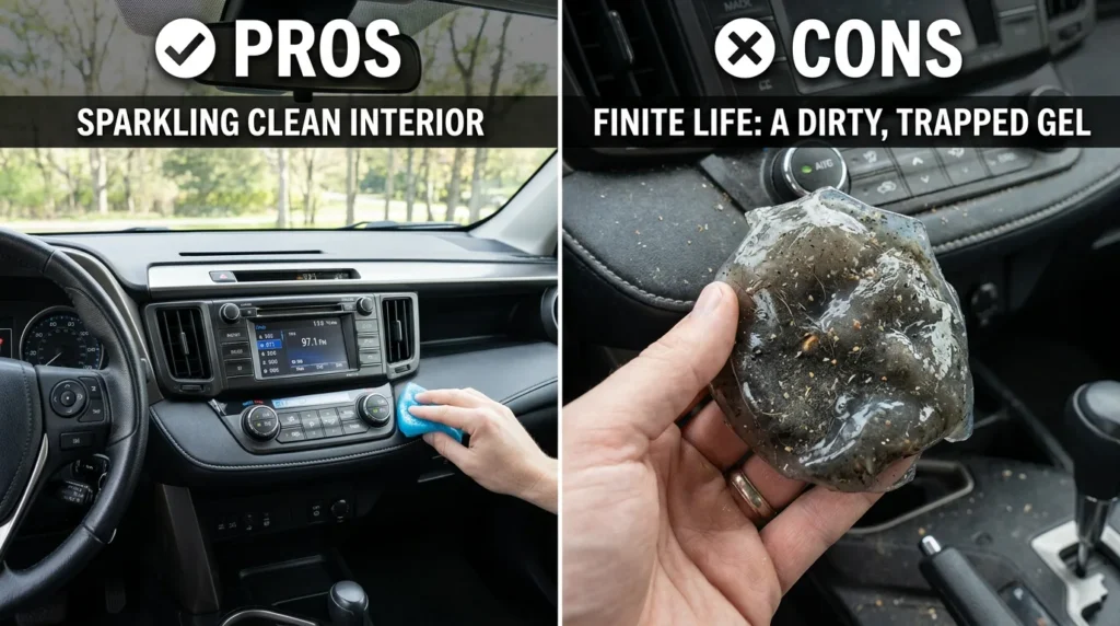 A split image showing the "pros" side with a sparkling clean car interior dashboard, and the "cons" side showing a used, darkened cleaning gel with trapped dirt, highlighting the reusable but finite nature.