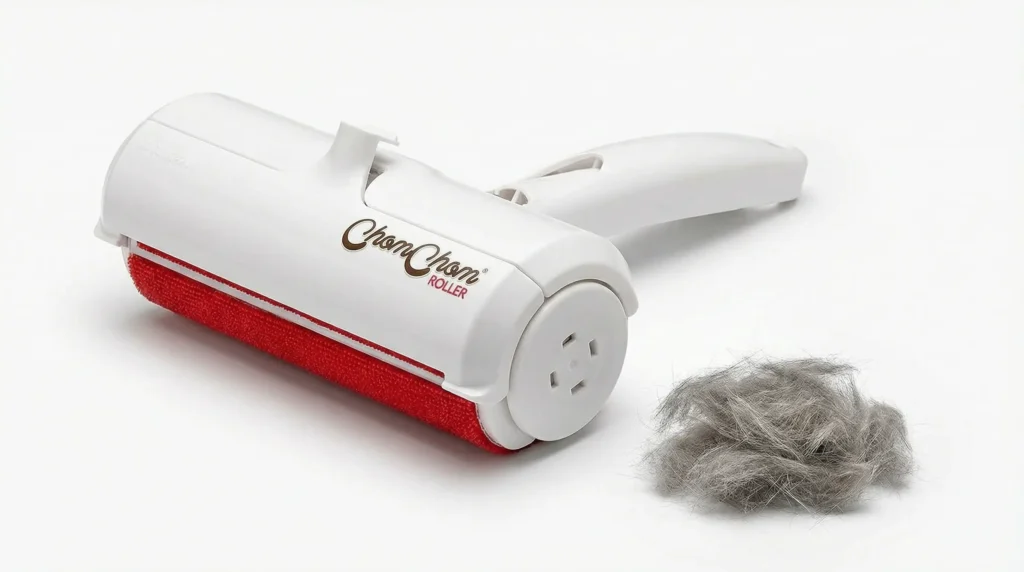 A woman using the best reusable pet hair remover for couch to effectively lift dog fur.