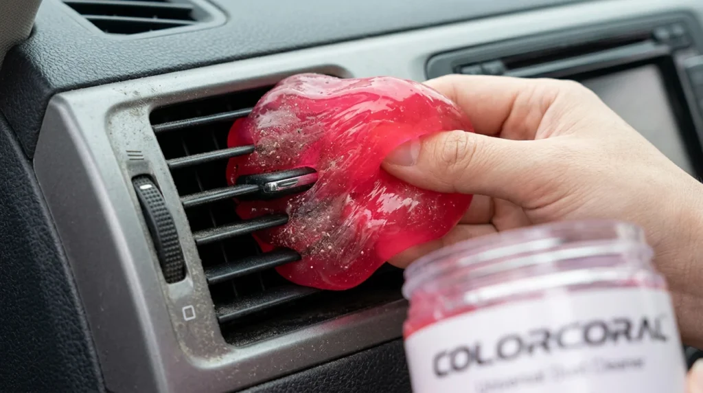ColorCoral cleaning gel detail shot, showing dust being lifted from a car air vent.