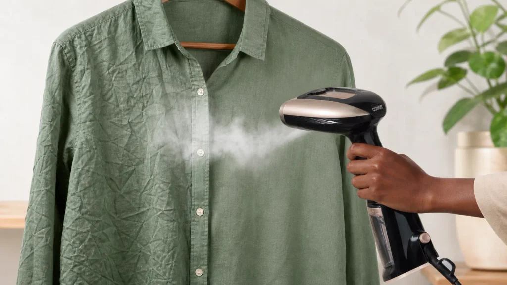 Conair Turbo ExtremeSteam removing deep creases from a hanging linen shirt