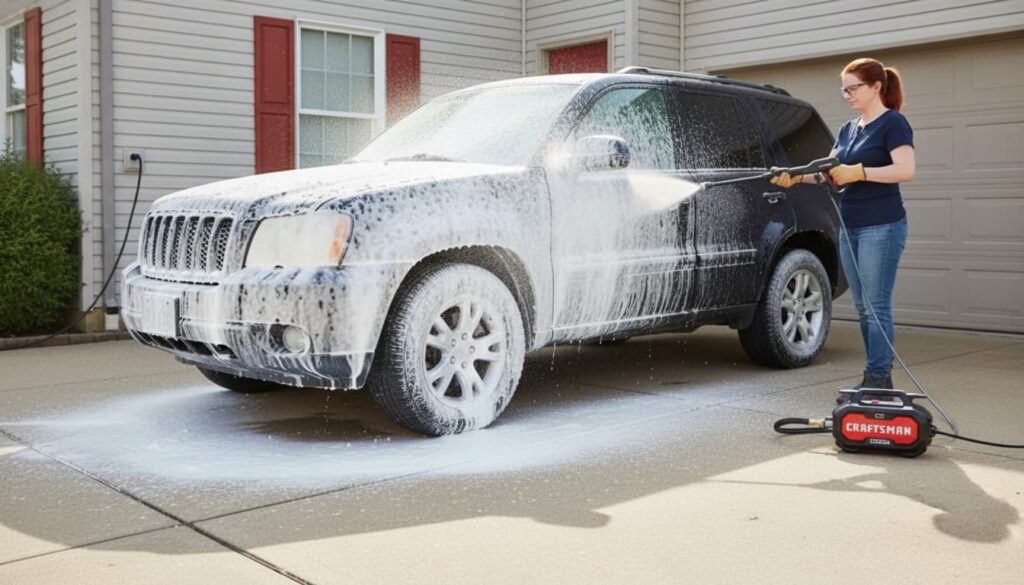 Using a budget electric pressure washer for patio and car cleaning.