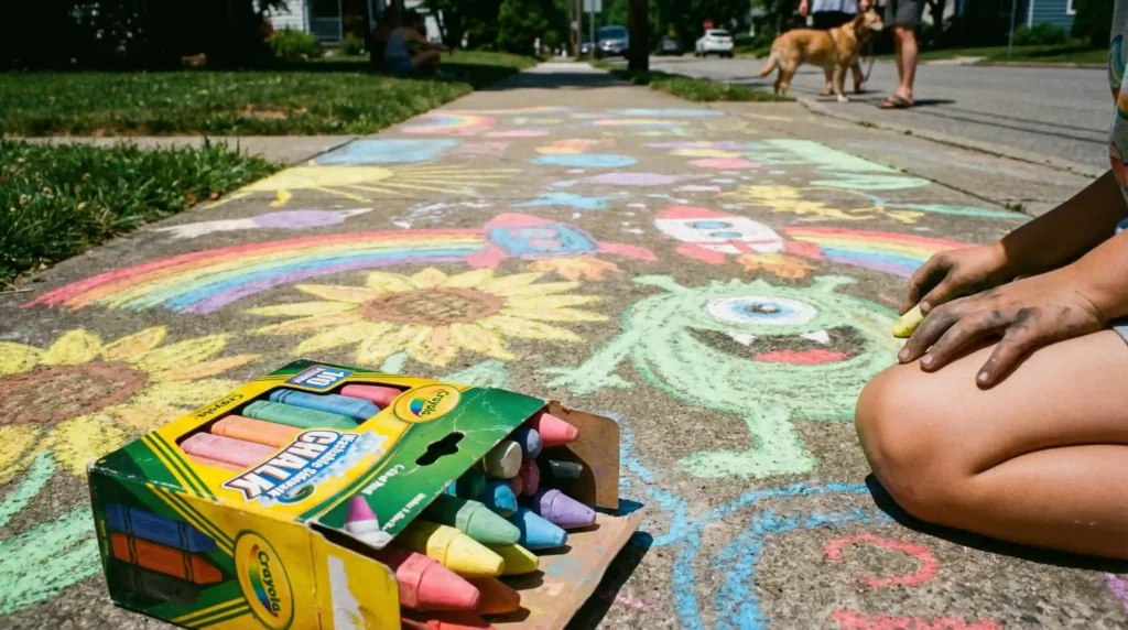 Colorful and creative drawings made with Crayola Washable Sidewalk Chalk cover a driveway, showing a fun outdoor Easter activity for kids.