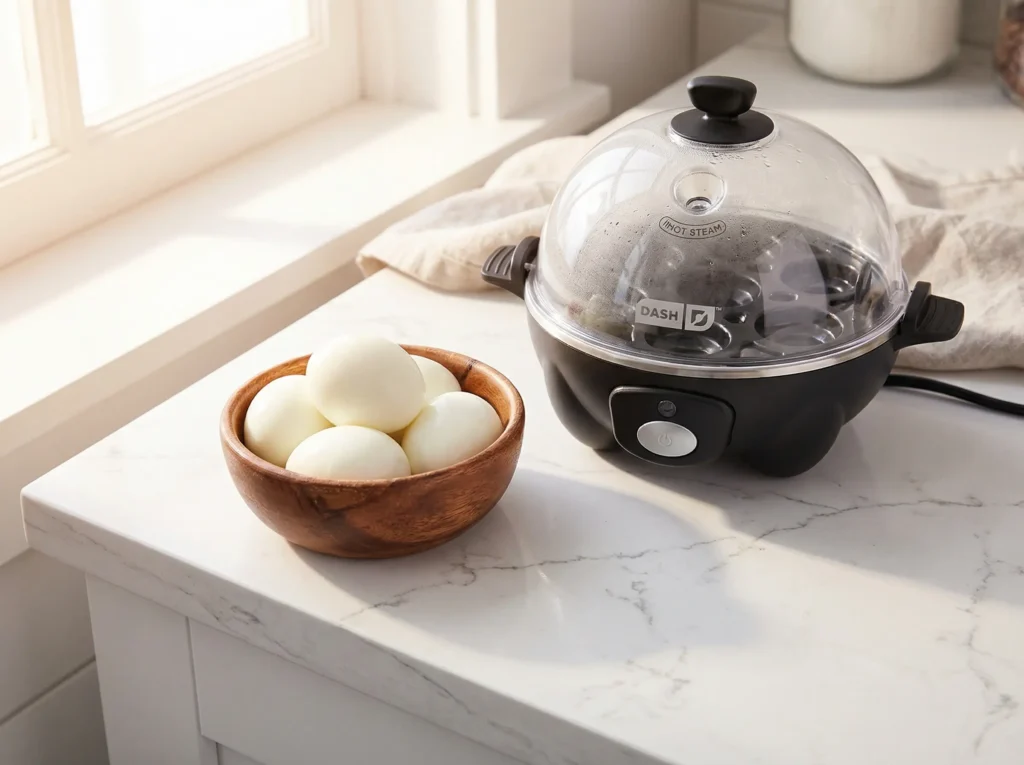 A DASH Rapid Egg Cooker on a white quartz kitchen counter with freshly peeled, perfectly smooth hard-boiled eggs.