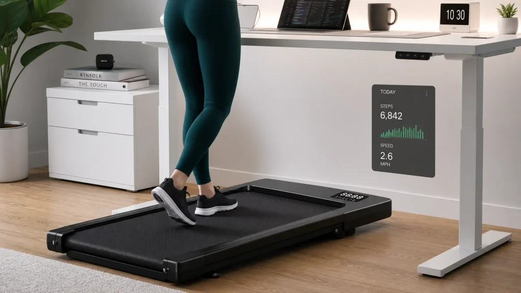 DeerRun smart walking pad with LED display tracking steps and speed.
