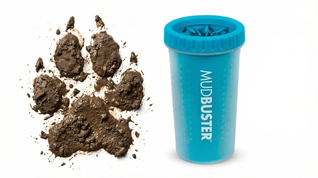  A blue Dexas MudBuster Portable Dog Paw Washer is shown next to a muddy paw print, highlighting it as the solution to dirty dog paws.