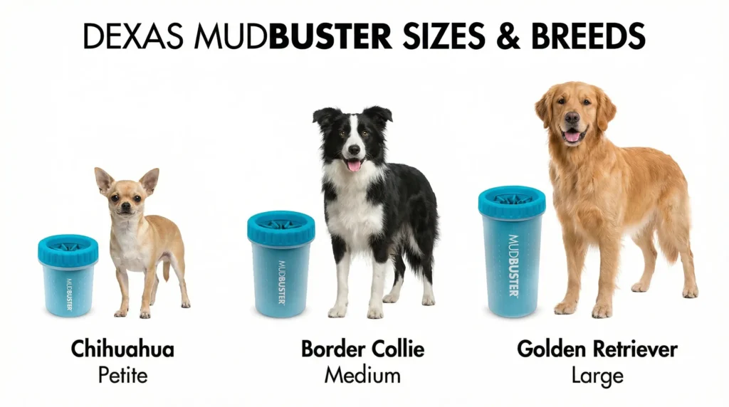 A sizing guide for the Dexas MudBuster paw washer, showing a Chihuahua for the Petite size, a Border Collie for the Medium, and a Golden Retriever for the Large.