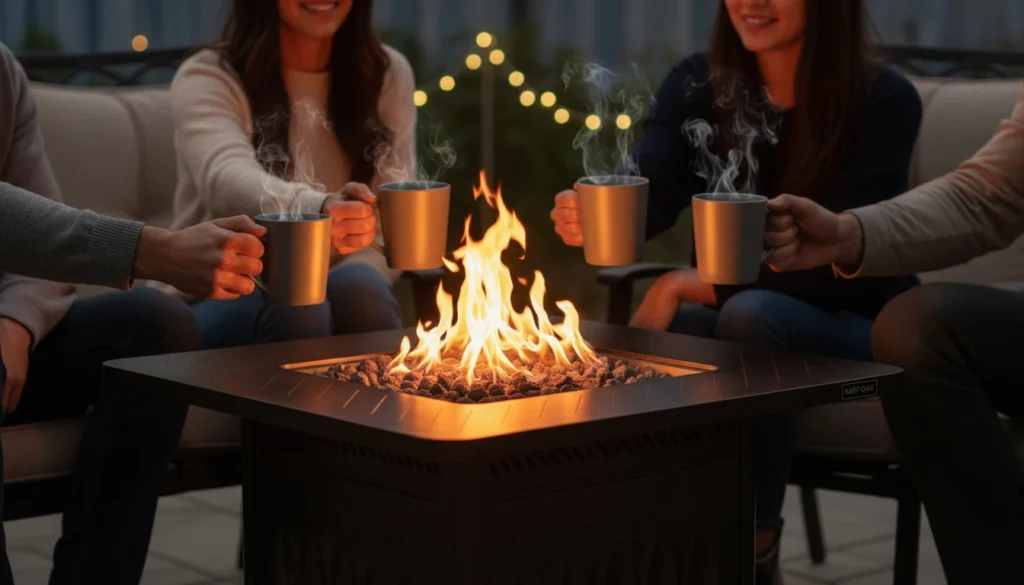 Friends gathered around a warm EAST OAK 50,000 BTU propane fire pit table, enjoying the ambiance.