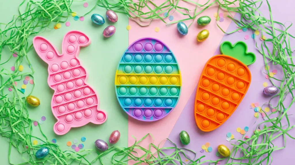 A collection of colorful Easter-themed Pop It fidget toys, which are a popular non-candy alternative for kids' Easter baskets.