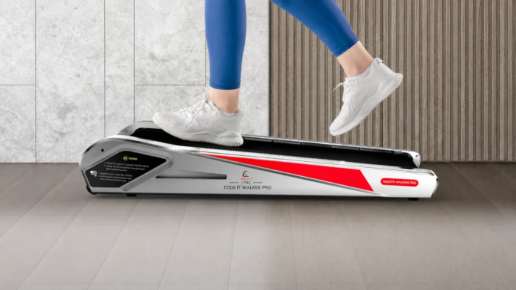 Egofit Walker Pro under desk treadmill showing its 5 percent ergonomic incline.