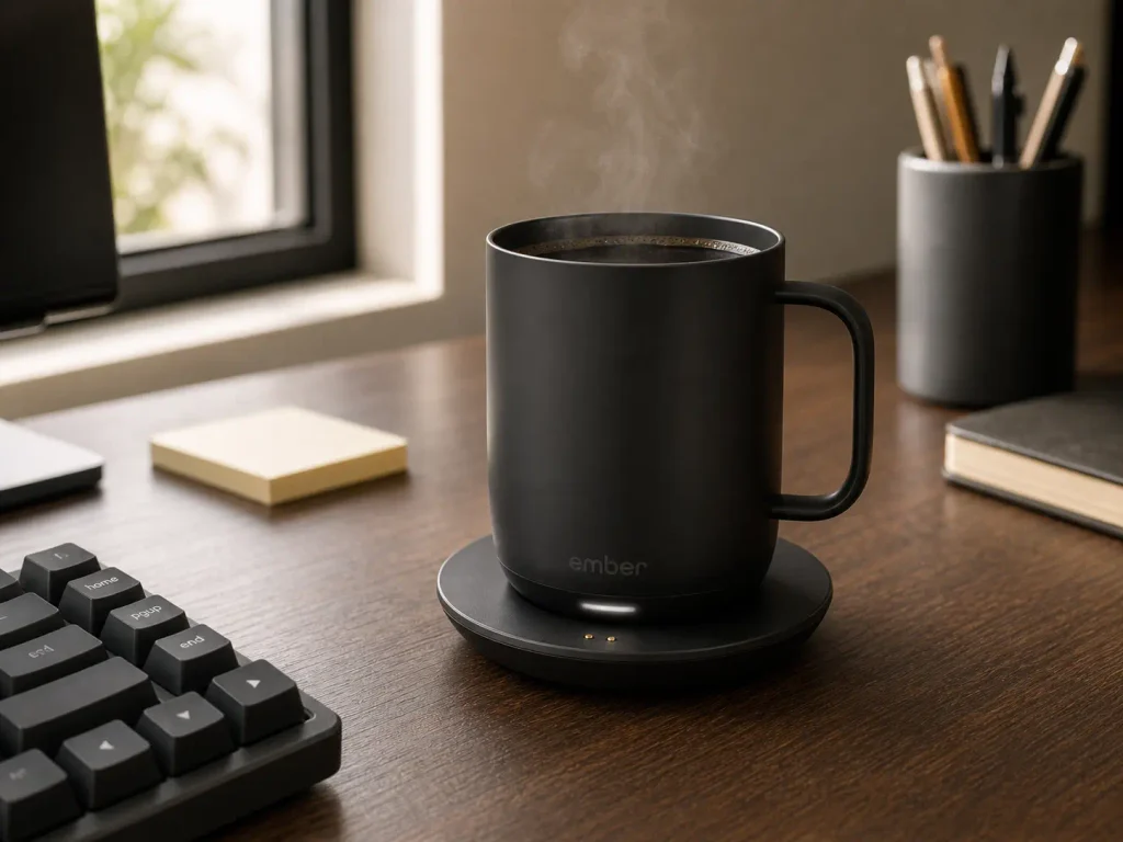 Matte black Ember Temperature Control Smart Mug 2 maintaining hot coffee on a home office desk.