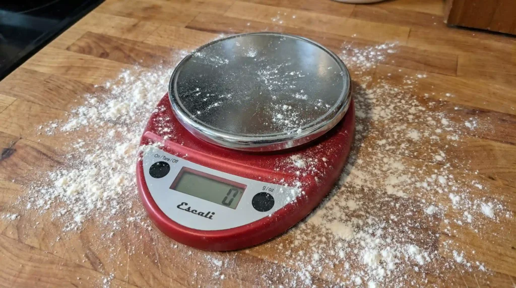 Escali Primo precision kitchen scale on a wooden butcher block dusted with flour, highlighting its durable, spill-proof design.