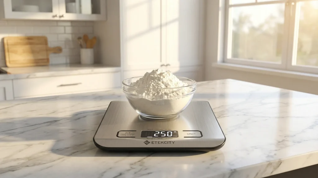 Etekcity digital kitchen scale measuring flour in a glass bowl on a marble countertop.