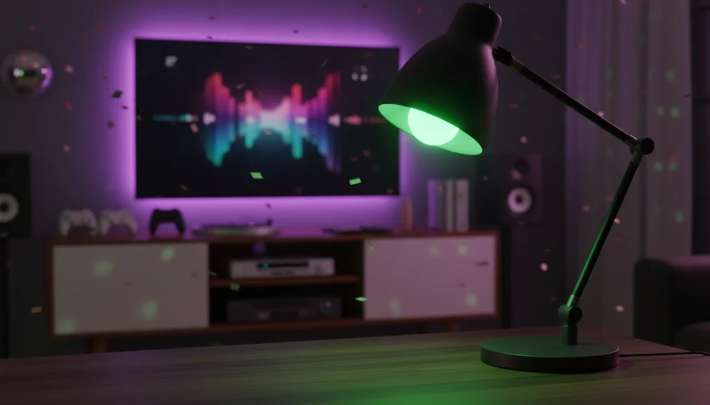 Govee smart light bulb glowing green in a desk lamp for a music sync party setup