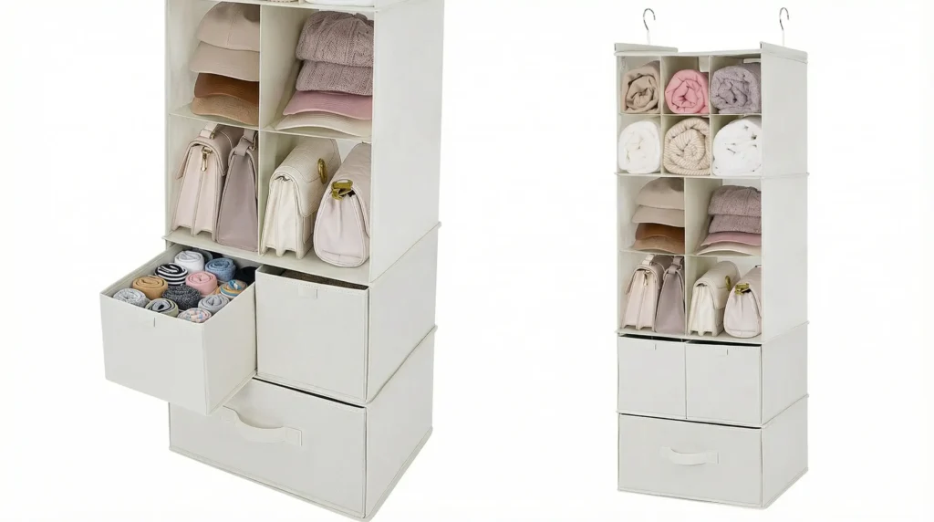 The GRANNY SAYS 6-Shelf Hanging Organizer with 5 drawers, an all-in-one system for the best overall closet organization experience.