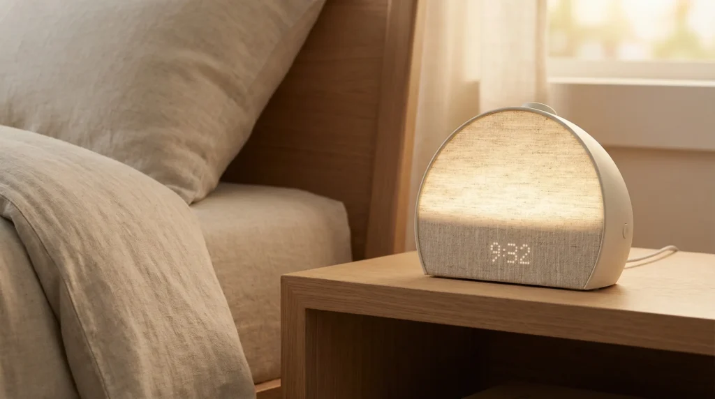 The Hatch Restore 3, the best-selling smart white noise machine and sunrise alarm clock, shown in a bedroom setting.