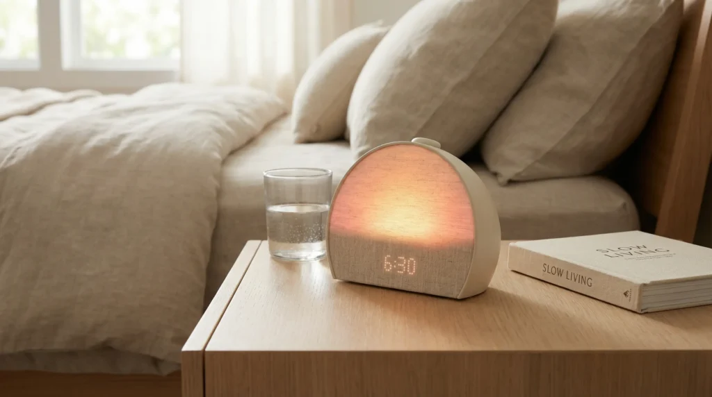The sleek, fabric-covered Hatch Restore 3 smart alarm clock showing a colorful sunrise gradient on a modern nightstand.