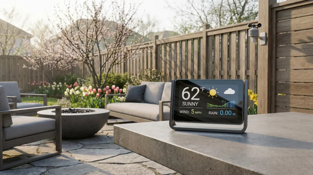 A modern console displaying backyard climate data, representing the best home weather station for 2026.
