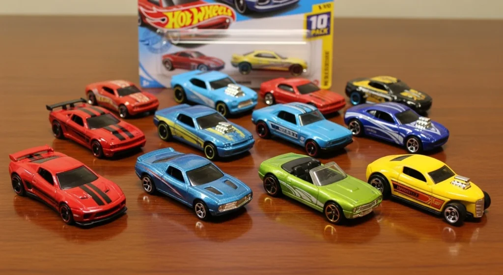 A set of 10 assorted and colorful Hot Wheels cars, an exciting Easter basket stuffer for kids who love vehicles.