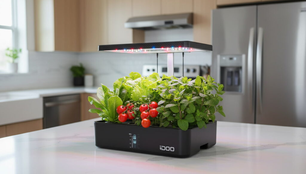iDOO 12 Pods Hydroponics Growing System filled with fresh lettuce and herbs on a kitchen island.