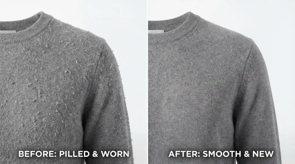 A before-and-after comparison showing the results of using the best fabric shaver for sweaters to restore a pilled gray cashmere garment.