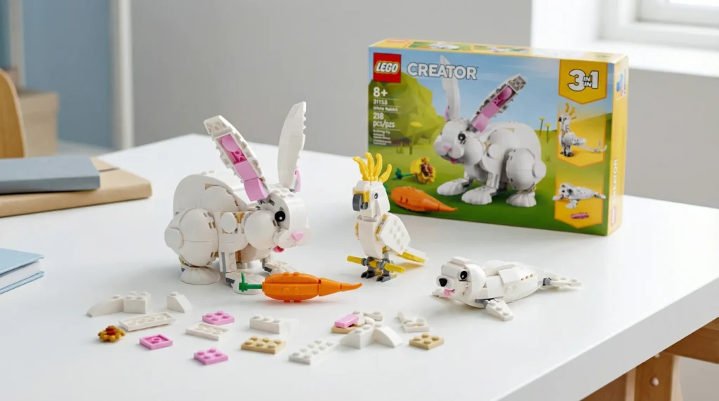 The popular LEGO Creator 3-in-1 White Rabbit set shown with its three possible animal builds, a perfect non-candy Easter gift for creative kids.
