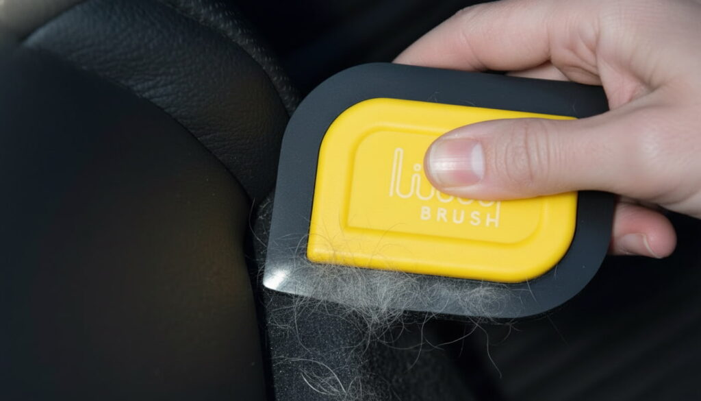The Lilly Brush Mini Pet Hair Detailer, a compact rubber tool, being used to precisely remove stubborn pet fur from the crevices of a car seat.