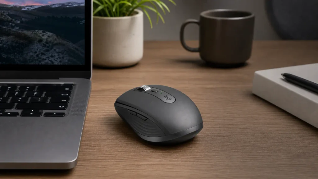 Logitech MX Anywhere 3S wireless mouse with silent clicks on an office desk