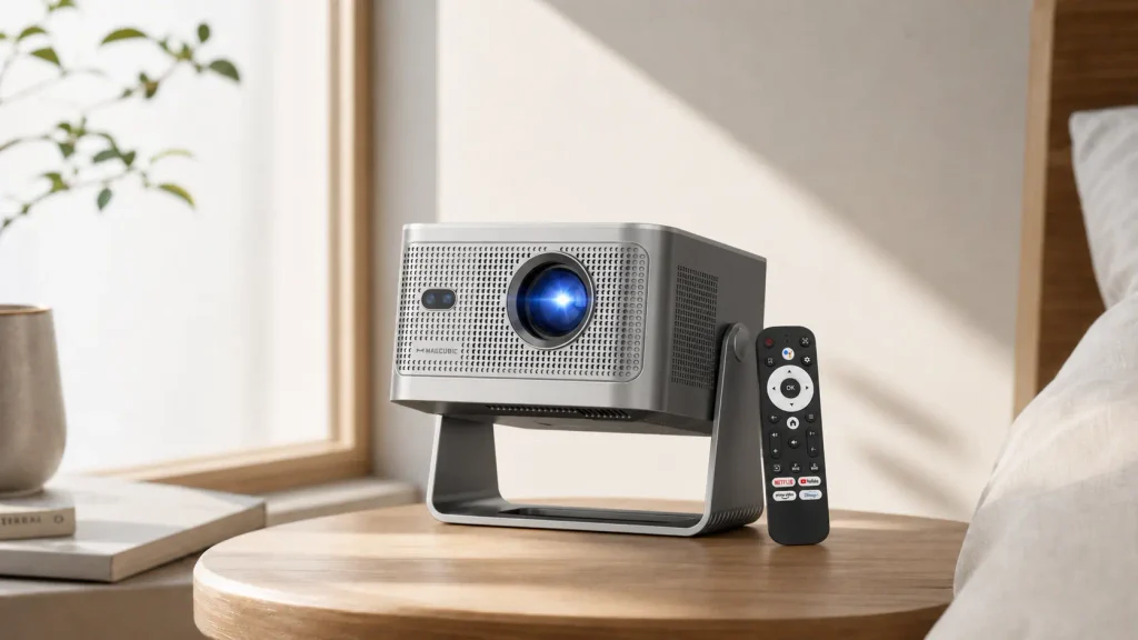 The Magcubic Freestyle smart projector angled upwards on its built-in 180-degree stand.
