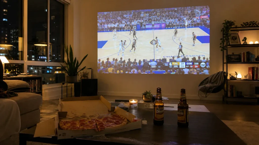 A living room watch party setup showing a sports game projected on the wall using one of the best mini projectors under 200 dollars.