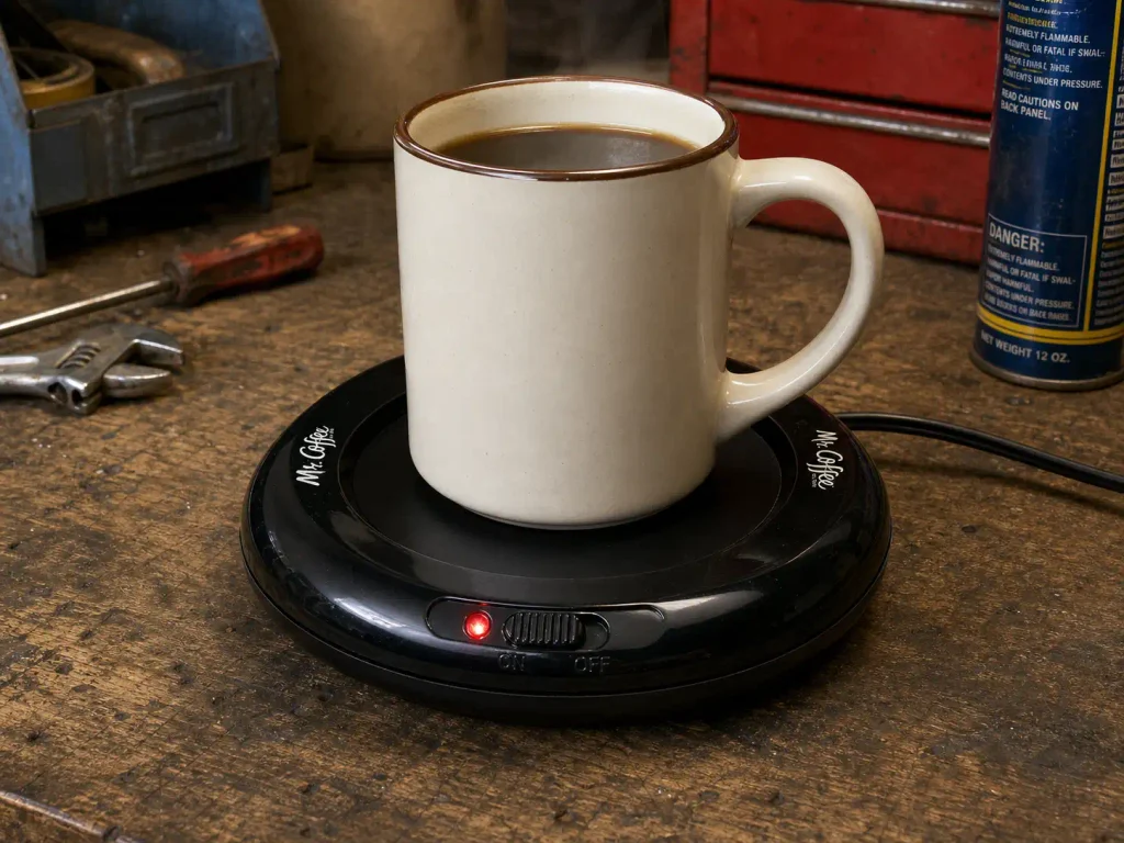 Mr. Coffee electric mug warmer plugged into a wall outlet with its red power indicator light glowing on a desk.
