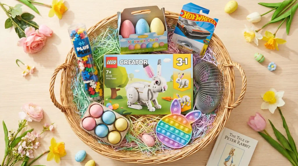 A beautiful basket filled with 7 fun non-candy Easter basket stuffers kids actually want in 2026.