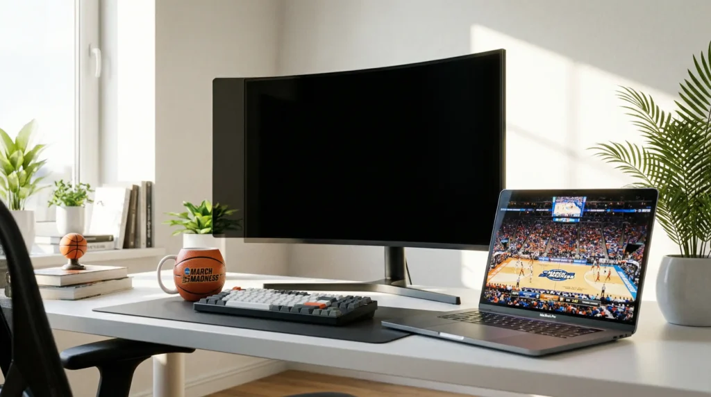 An office desk setup showing how to watch March Madness at work using a monitor privacy screen to keep the game hidden from colleagues.