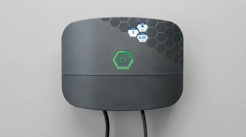 The Orbit B-hyve XR Smart Sprinkler Controller, a modern grey device with a digital screen, known for its value and smart features.