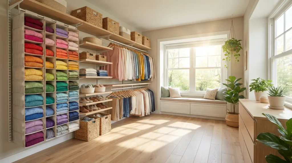 A beautifully tidy wardrobe showcasing the ultimate closet organization for spring cleaning using hanging shelves.
