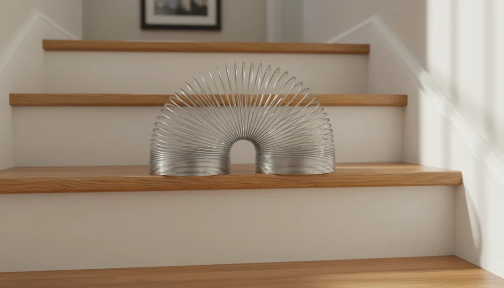 The iconic metal Original Slinky walking down a staircase, a timeless and fun non-candy Easter toy.