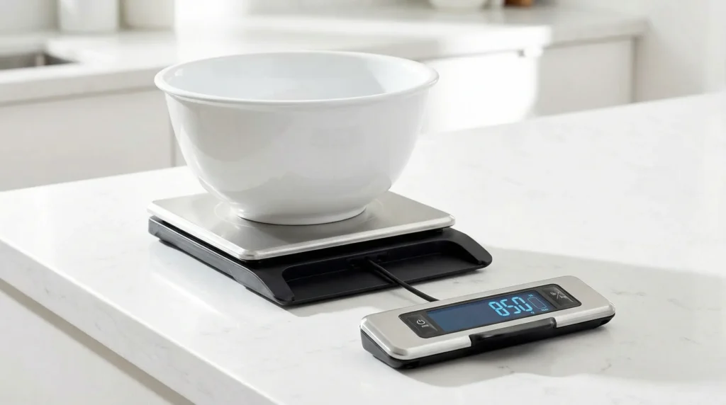 OXO Good Grips kitchen scale demonstrating its unique pull-out display feature, solving the problem of large mixing bowls blocking the screen.