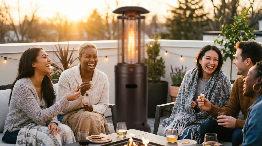 Group of friends staying warm outside using one of the best Types of Patio Heaters available.