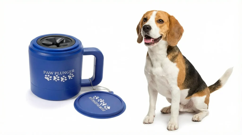 The blue Paw Plunger for Dogs, featuring its signature handle, is displayed next to a clean and happy Beagle.