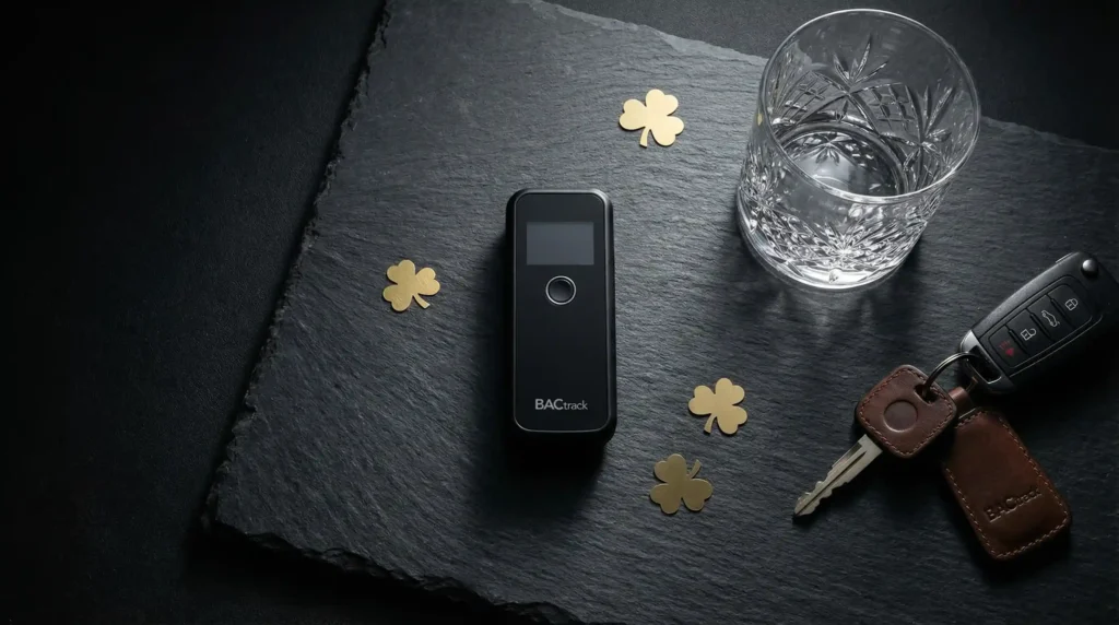 A top-down view of a personal breathalyzer, car keys, and St. Patrick's Day decorations on a dark slate table, symbolizing responsible celebration and safety.