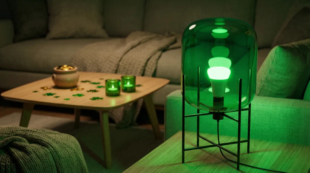 Philips Hue smart bulb casting vibrant green light in a living room for St. Patrick's Day party decor