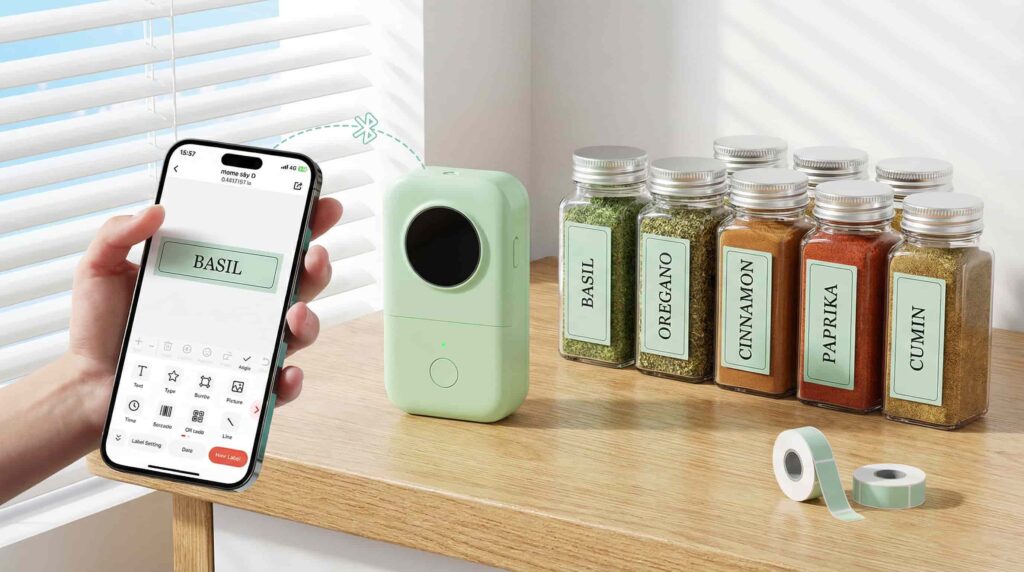 The compact and stylish Phomemo D30 Bluetooth label maker sits next to beautifully labeled spice jars, showcasing its use for kitchen organization.