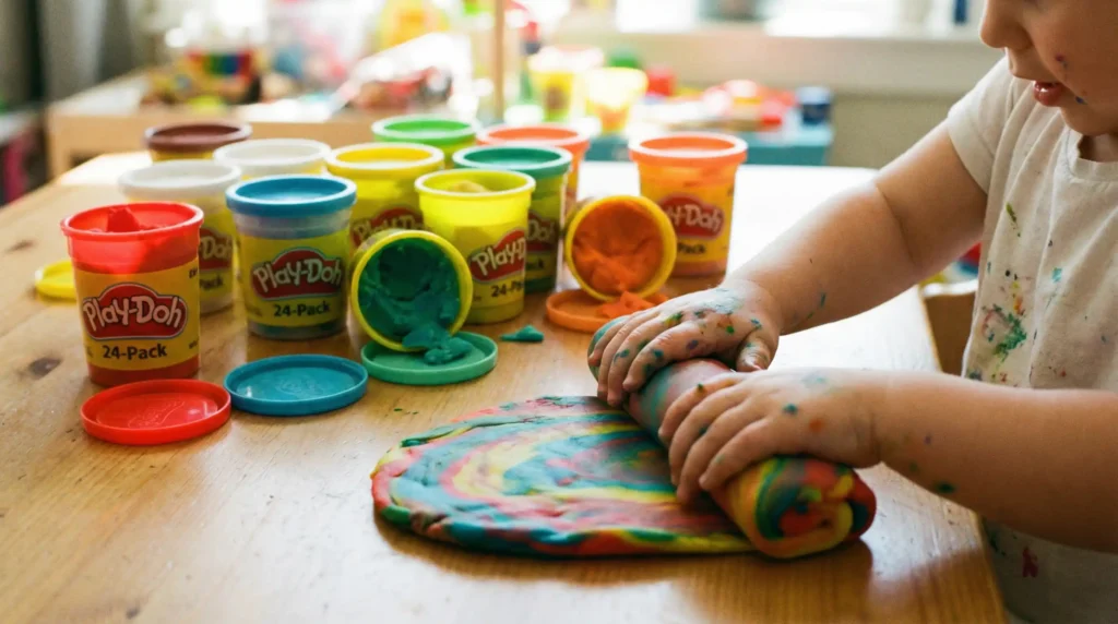 A toddler playing with colorful modeling clay from a Play-Doh 24-pack, a great sensory gift for an Easter basket.
