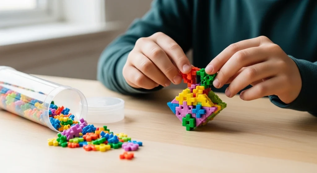 A child constructs a 3D model using Plus-Plus interlocking blocks from a tube, a great STEM toy for an Easter basket.