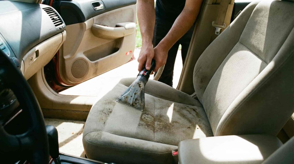 A person using a portable spot cleaner to deep clean the fabric seats of a car, highlighting the product's versatility for automotive detailing.