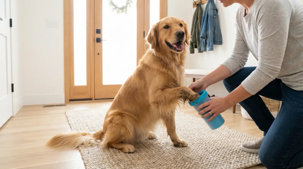 Dexas MudBuster vs Paw Plunger: An owner cleaning a Golden Retriever's muddy paw to keep floors spotless.