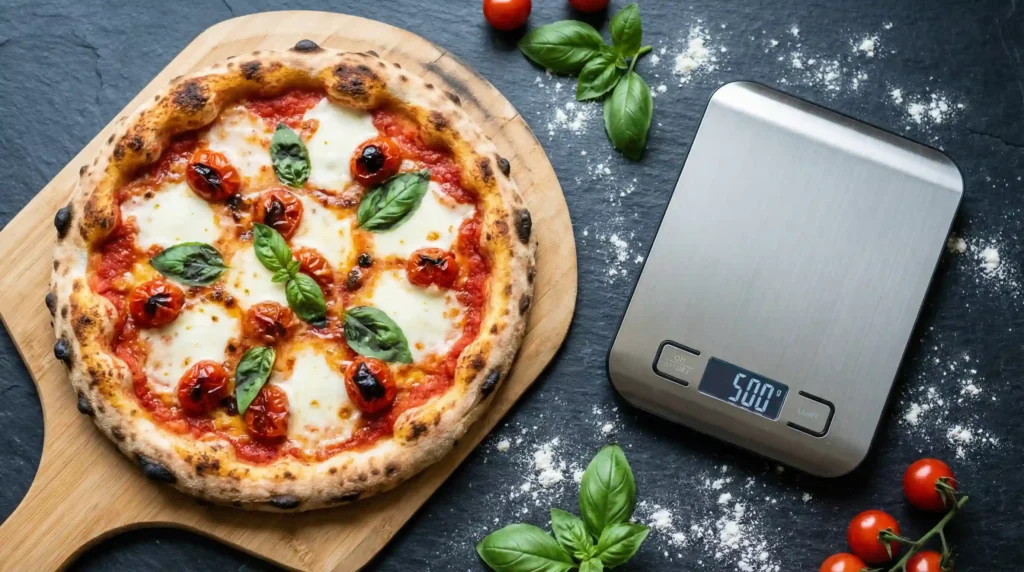 A fresh homemade pizza next to a digital scale, illustrating why you need the best kitchen scale for pizza dough.