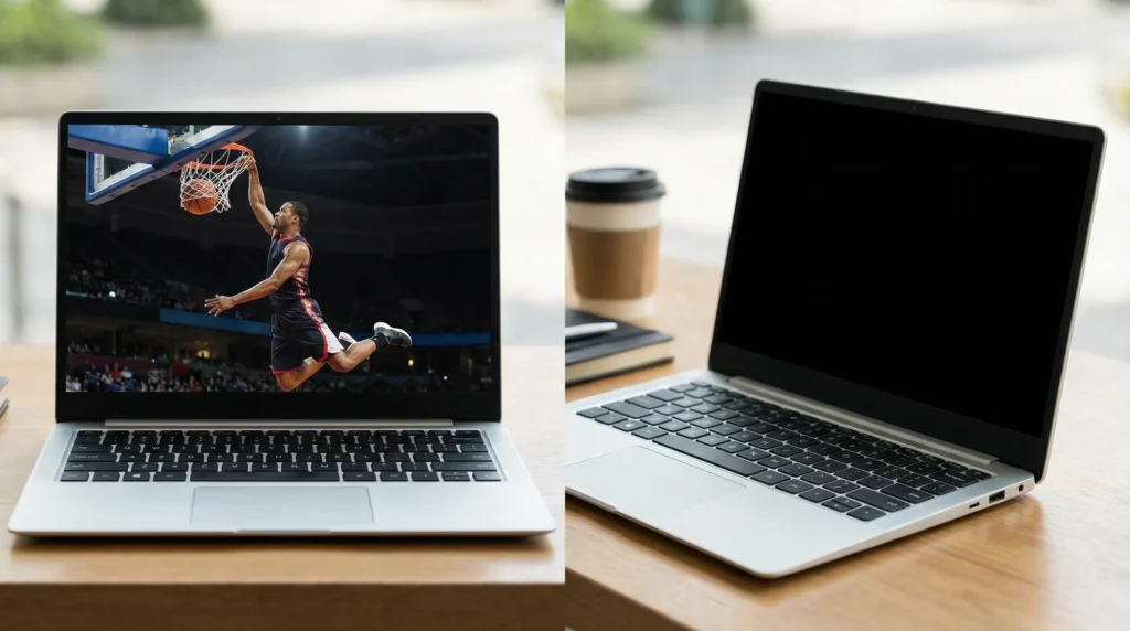 A comparison image demonstrating a privacy screen's effectiveness. The laptop screen is clear when viewed directly but appears black when viewed from the side, protecting the user's privacy.